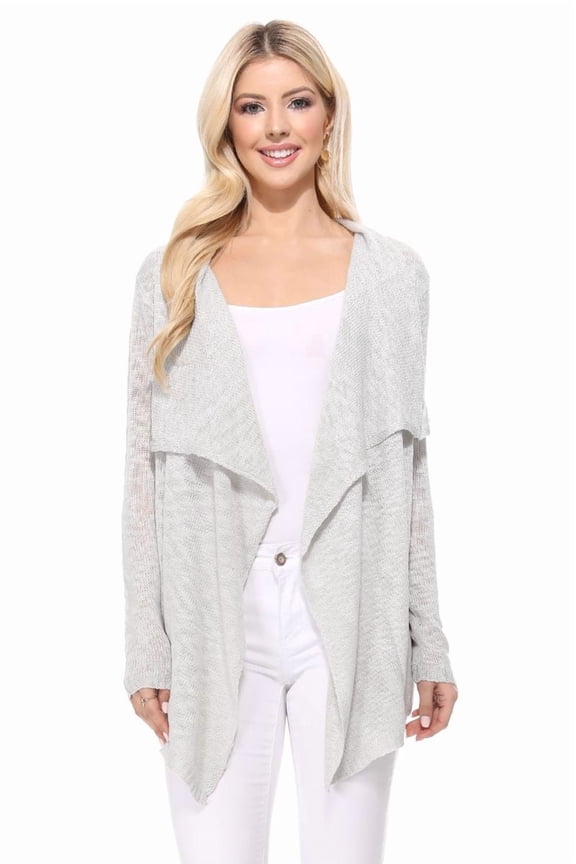 Women's Long Sleeve Soft Sheer Slub Open Front Casual Cardigan Sweater MK8080-SIL-S
