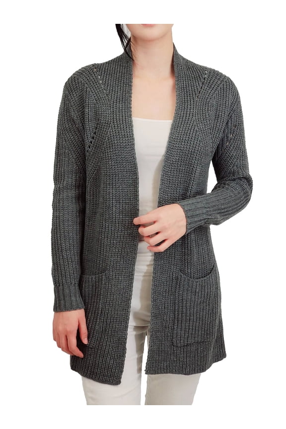 Women's Long Sleeve Two Pocket Draped Open Front Sweater Cardigan Jacket HK8189-GRY-M/L