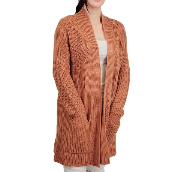 YEMAK Women's Long Sleeve Two Pocket Draped Open Front Sweater Cardigan Jacket HK8189-TAN-M/L