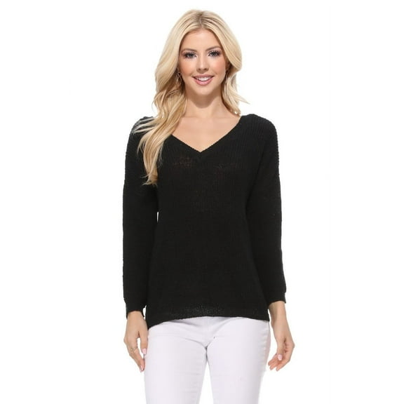 YEMAK Women's Long Sleeve V-Neck Back Cutout Casual Knit Pullover Sweater MK8144-BLK-L