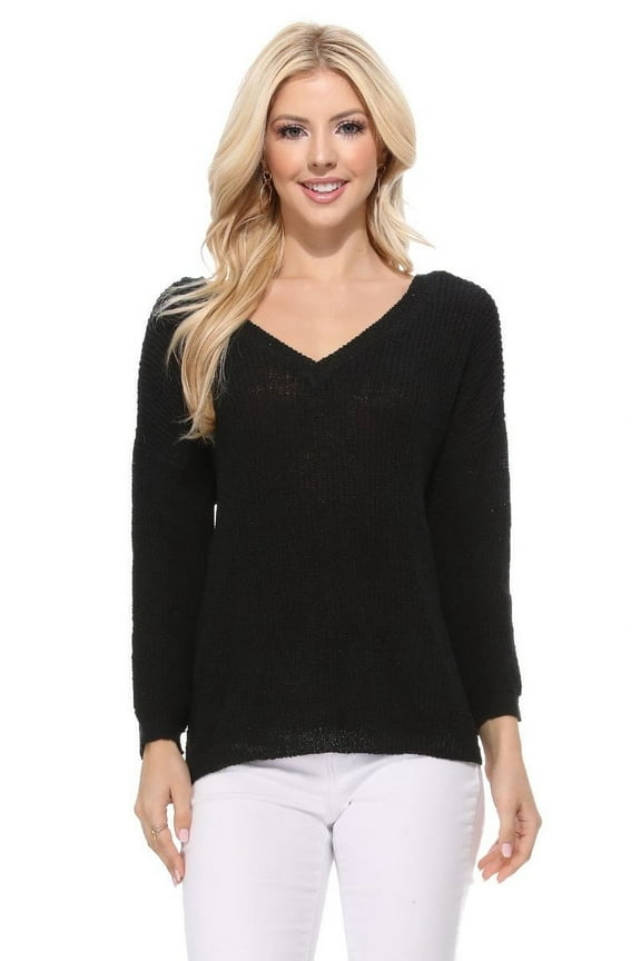 Women's Long Sleeve V-Neck Back Cutout Casual Knit Pullover Sweater MK8144-BLK-S