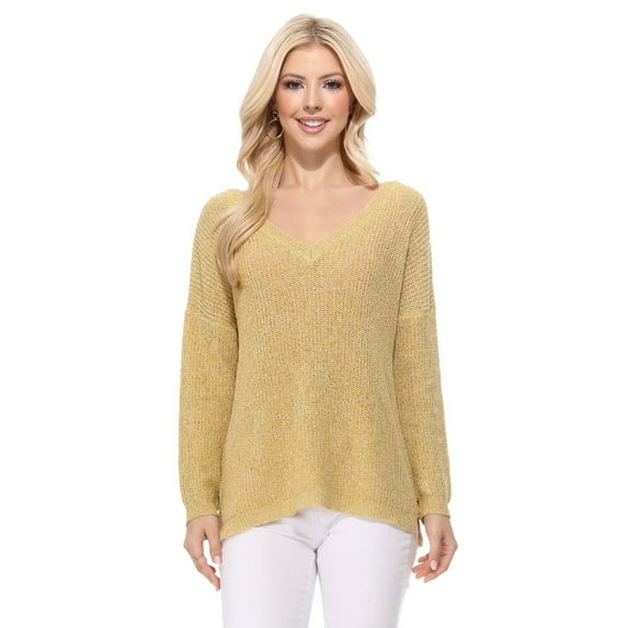 YEMAK Women's Long Sleeve V-Neck Back Cutout Casual Knit Pullover Sweater MK8144-MOS-L
