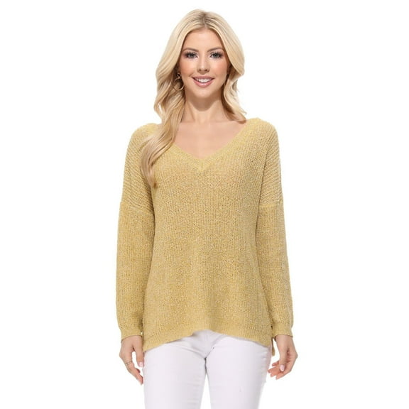 YEMAK Women's Long Sleeve V-Neck Back Cutout Casual Knit Pullover Sweater MK8144-MOS-S