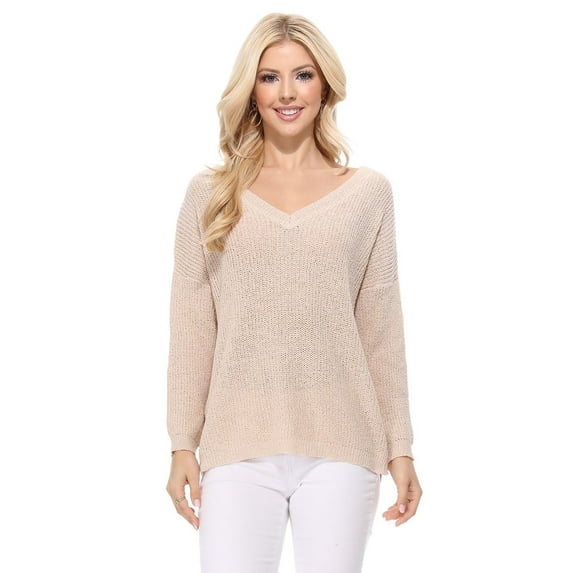 YEMAK Women's Long Sleeve V-Neck Back Cutout Casual Knit Pullover Sweater MK8144-SND-L