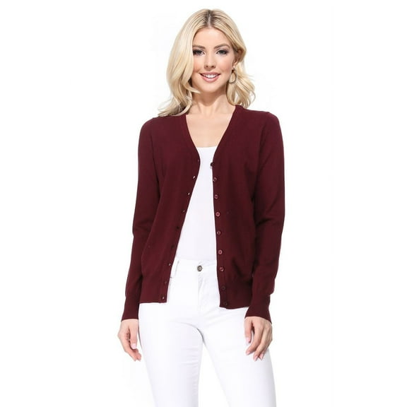 YEMAK Women's Long Sleeve V-Neck Button Down Soft Knit Cardigan Sweater MK5178-Burgundy-XL