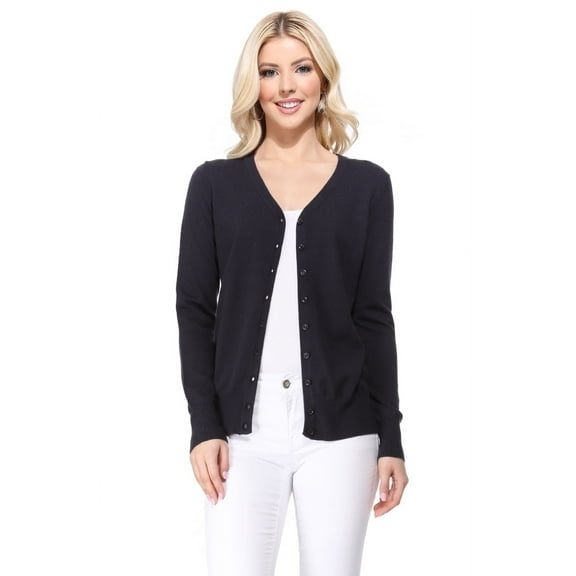 YEMAK Women's Long Sleeve V-Neck Button Down Soft Knit Cardigan Sweater MK5178-Charcoal-M