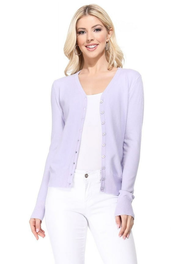 Women's Long Sleeve V-Neck Button Down Soft Knit Cardigan Sweater MK5178-Lilac-S