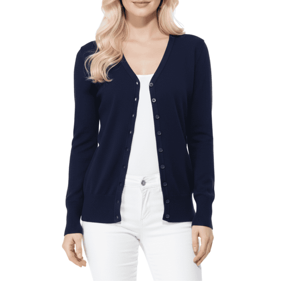 YEMAK Women's Long Sleeve V-Neck Button Down Soft Knit Cardigan Sweater MK5178-Navy-XL