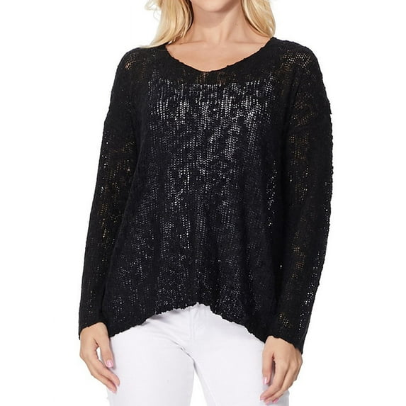 YEMAK Women's Long-Sleeve V-Neck Casual Knit Top Sweatshirt Pullover Sweater MK3392-BLACK-L