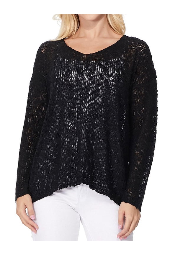 Women's Long-Sleeve V-Neck Casual Knit Top Sweatshirt Pullover Sweater MK3392-BLACK-S