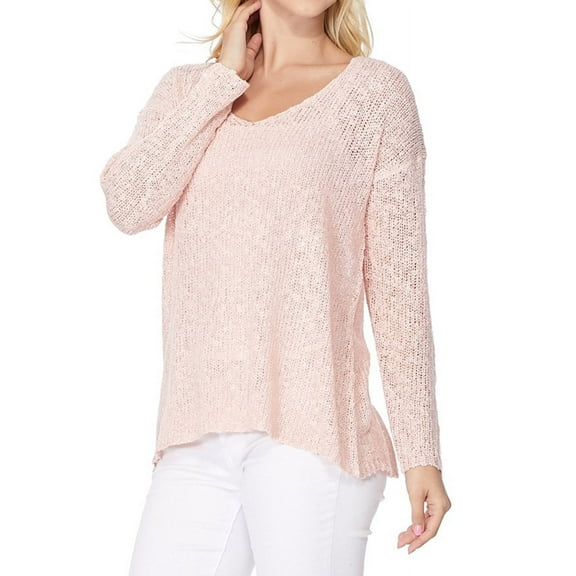 YEMAK Women's Long-Sleeve V-Neck Casual Knit Top Sweatshirt Pullover Sweater MK3392-BLUSH-M