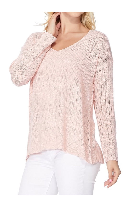 Women's Long-Sleeve V-Neck Casual Knit Top Sweatshirt Pullover Sweater MK3392-BLUSH-S
