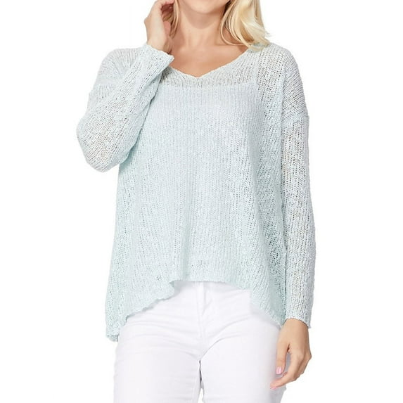 YEMAK Women's Long-Sleeve V-Neck Casual Knit Top Sweatshirt Pullover Sweater MK3392-LIGHTBLUE-M