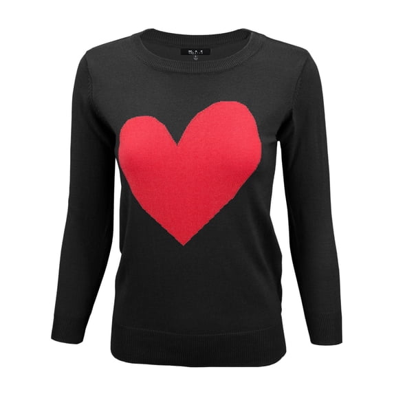 YEMAK Women's Love Heart Chenille Crewneck 3/4 Sleeve Casual Pullover Sweater MK3595-BLK/RED-M