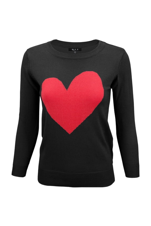 Women's Love Heart Chenille Crewneck 3/4 Sleeve Casual Pullover Sweater MK3595-BLK/RED-M
