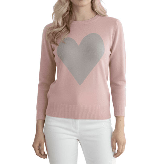 YEMAK Women's Love Heart Chenille Crewneck 3/4 Sleeve Casual Pullover Sweater MK3595-BLS/GRY-L