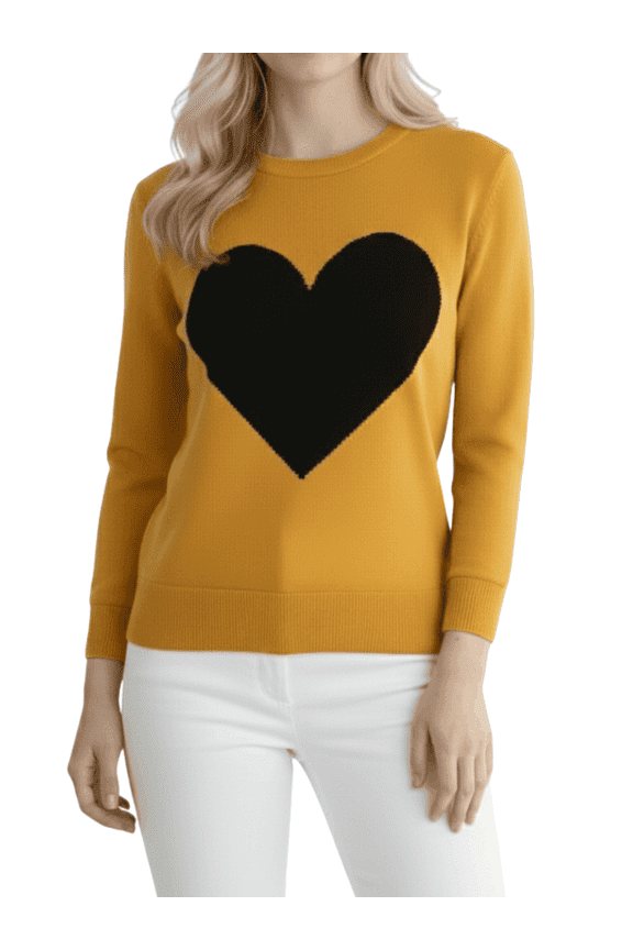 Women's Love Heart Chenille Crewneck 3/4 Sleeve Casual Pullover Sweater MK3595-HON/BLK-L