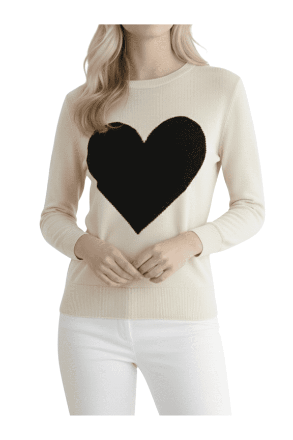 Women's Love Heart Chenille Crewneck 3/4 Sleeve Casual Pullover Sweater MK3595-OAT/BLK-L
