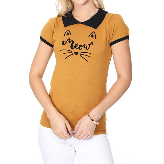 YEMAK Women's Meow Cat Contrast Collar Short Sleeve Pullover Sweater MK3591MEOW-CAMEL/BLACK-L