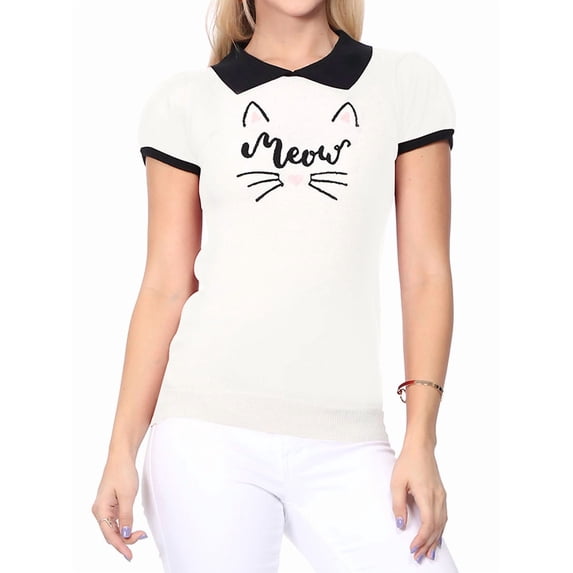YEMAK Women's Meow Cat Contrast Collar Short Sleeve Pullover Sweater MK3591MEOW-IVORY/BLACK-S