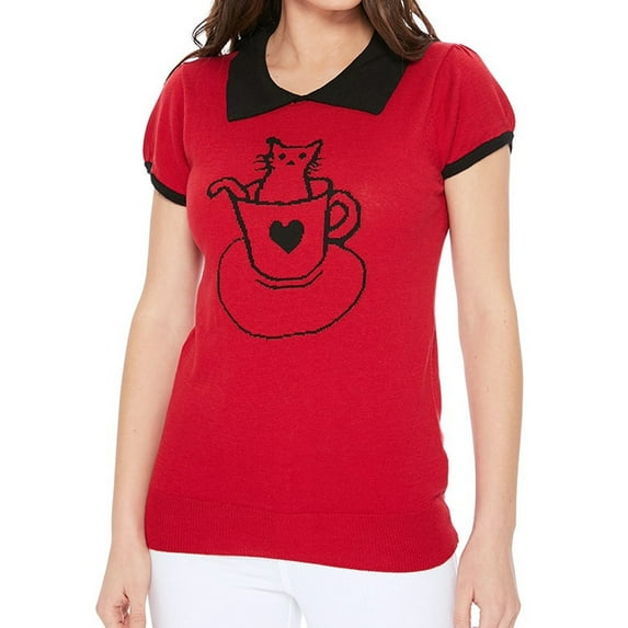 YEMAK Women's Pointed Collar Cat Tea Cup Short Sleeve Pullover Sweater MK3591CAT-RED/BLK-L