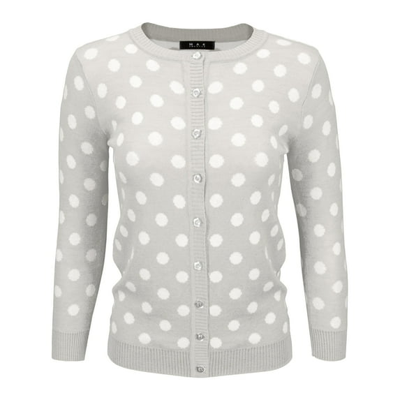 YEMAK Women's Polka Dot Cute Jacquard Crewneck Button Down Sweater Cardigan MK3104-GRY-S