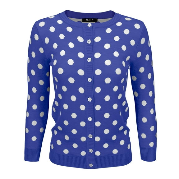 YEMAK Women's Polka Dot Cute Jacquard Crewneck Button Down Sweater Cardigan MK3104-RBL-S