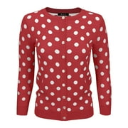 YEMAK Women's Polka Dot Cute Jacquard Crewneck Button Down Sweater Cardigan MK3104-RED-M