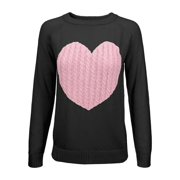 YEMAK Women's Pullover Sweater Long Sleeve Crewneck Cute Heart Cable Knit MK3506 (S-L)-BLK/PNK-M