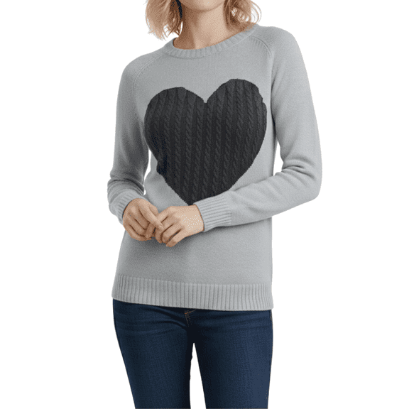 YEMAK Women's Pullover Sweater Long Sleeve Crewneck Valentines Cute Heart Cable Knit MK3506 (S-L)-GREY/BLACK-S