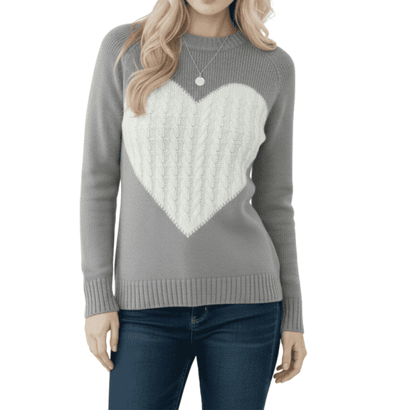 YEMAK Women's Pullover Sweater Long Sleeve Crewneck Cute Heart Cable Knit MK3506 (S-L)-GRY/IVY-L