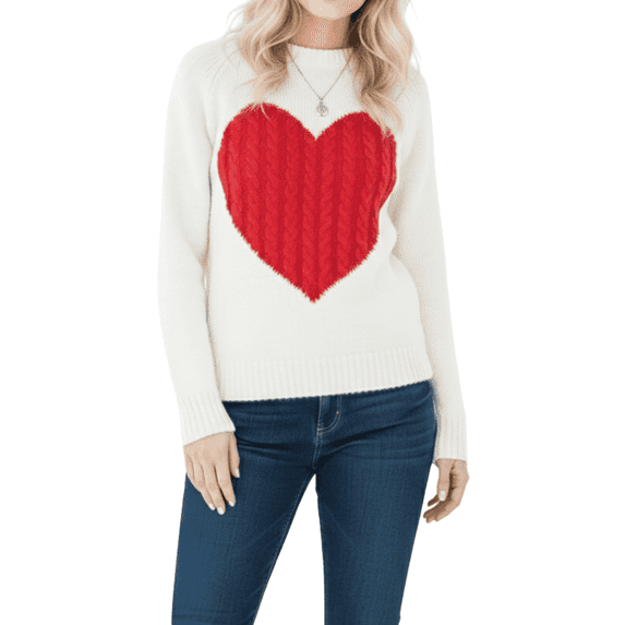 YEMAK Women's Pullover Sweater Long Sleeve Crewneck Cute Heart Cable Knit MK3506 (S-L)-IVR/RED-S
