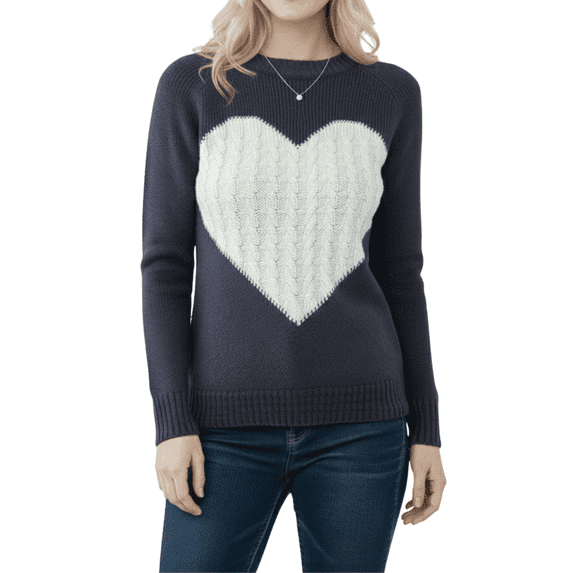 YEMAK Women's Pullover Sweater Long Sleeve Crewneck Cute Heart Cable Knit MK3506 (S-L)-NAV/OAT-M