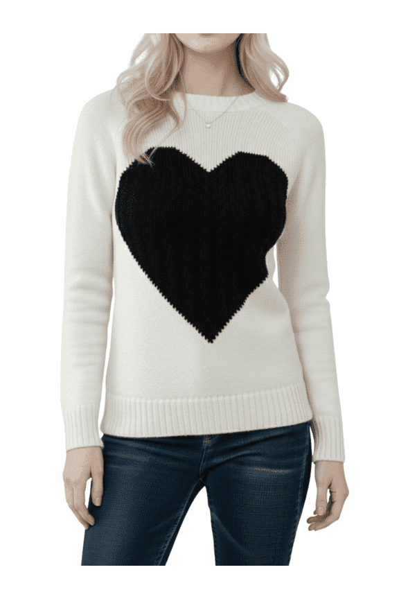 Women's Pullover Sweater Long Sleeve Crewneck Cute Heart Cable Knit MK3506 (S-L)-OAT/BLK-M