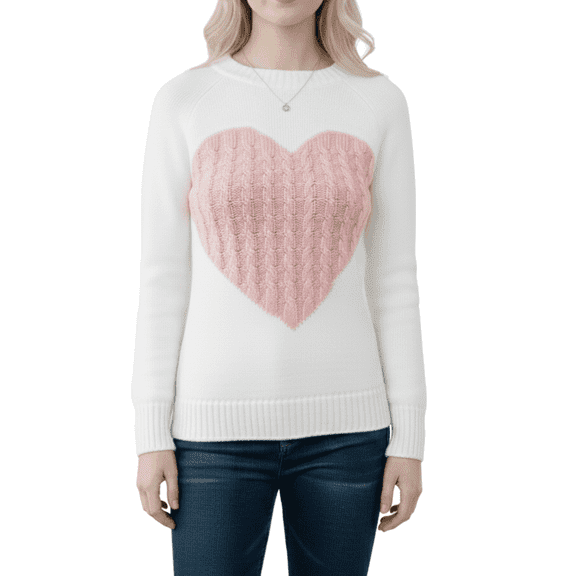 YEMAK Women's Pullover Sweater Long Sleeve Crewneck Valentines Cute Heart Cable Knit MK3506 (S-L)-OAT/PNK-S
