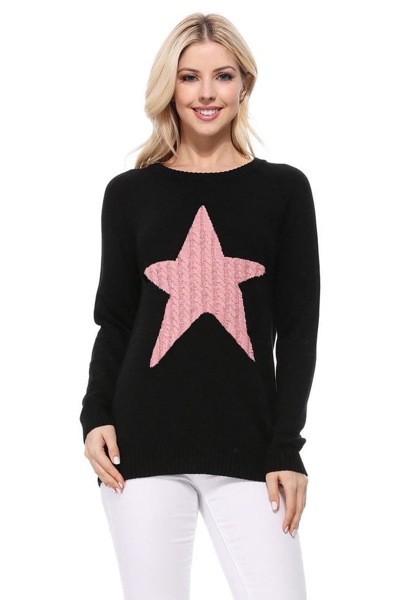 Women's Pullover Sweater Long Sleeve Crewneck Cute Star Cable Knit MK3506STAR-BLACK/PINK-L