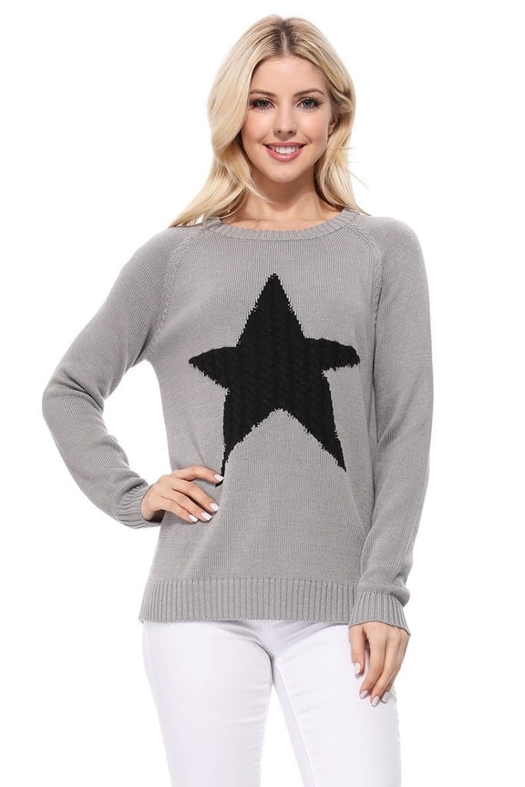 Women's Pullover Sweater Long Sleeve Crewneck Cute Star Cable Knit MK3506STAR-GREY/BLACK-L