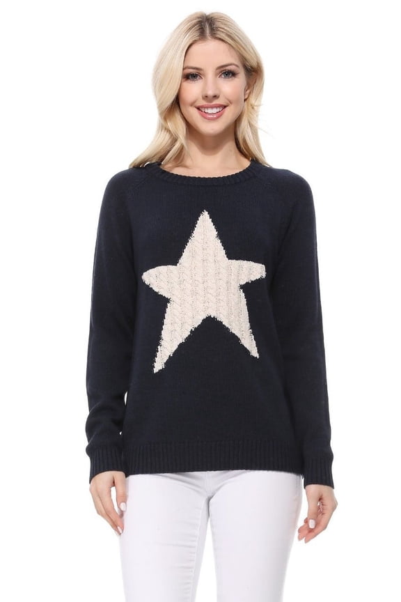 Women's Pullover Sweater Long Sleeve Crewneck Cute Star Cable Knit MK3506STAR-NAVY/OATMEAL-L