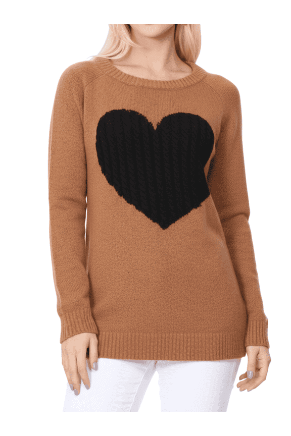 Women's Pullover Sweater Long Sleeve Crewneck Heart Knitted Top Sweaters MK8236-CAMEL/BLACK-L