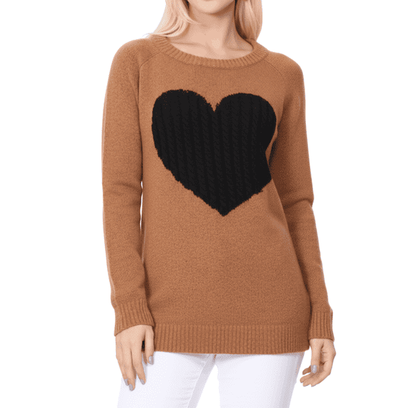 YEMAK Women's Pullover Sweater Long Sleeve Crewneck Heart Knitted Top Sweaters MK8236-CAMEL/BLACK-S