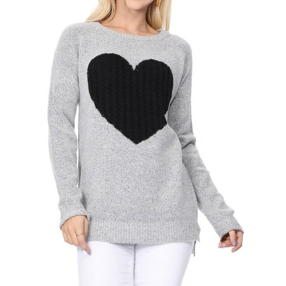 YEMAK Women's Pullover Sweater Long Sleeve Crewneck Heart Knitted Top Sweaters MK8236-GREY/BLACK-L