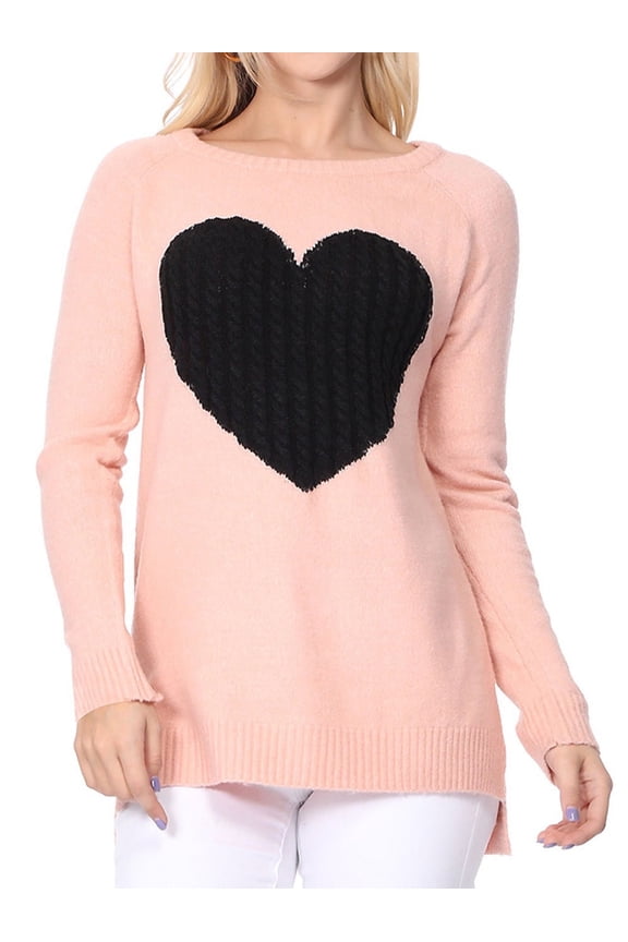 Women's Pullover Sweater Long Sleeve Crewneck Heart Knitted Top Sweaters MK8236-P.BEIGE/BLACK-L
