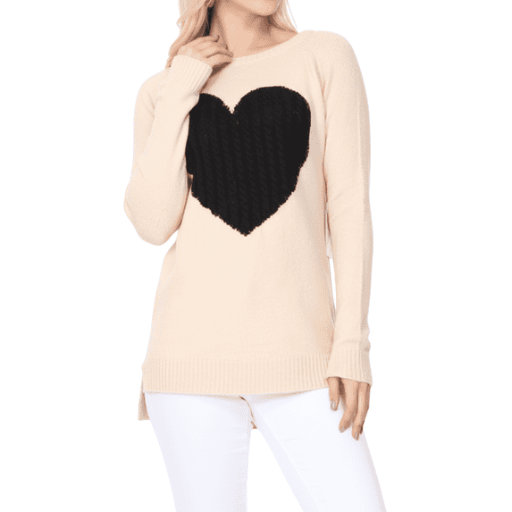YEMAK Women's Pullover Sweater Long Sleeve Crewneck Heart Knitted Top Sweaters MK8236-TAUPE/BLACK-L
