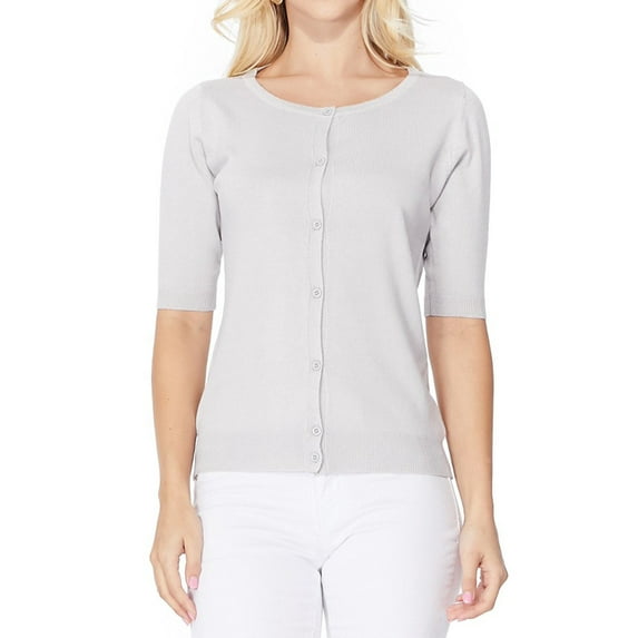 YEMAK Women's Short Sleeve Crewneck Button Down Casual Soft Cardigan Sweater MK3467-GRY-M