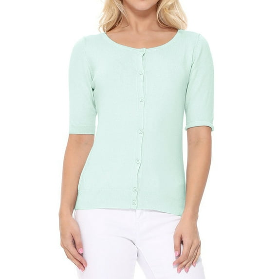YEMAK Women's Short Sleeve Crewneck Button Down Casual Soft Cardigan Sweater MK3467-IBL-M