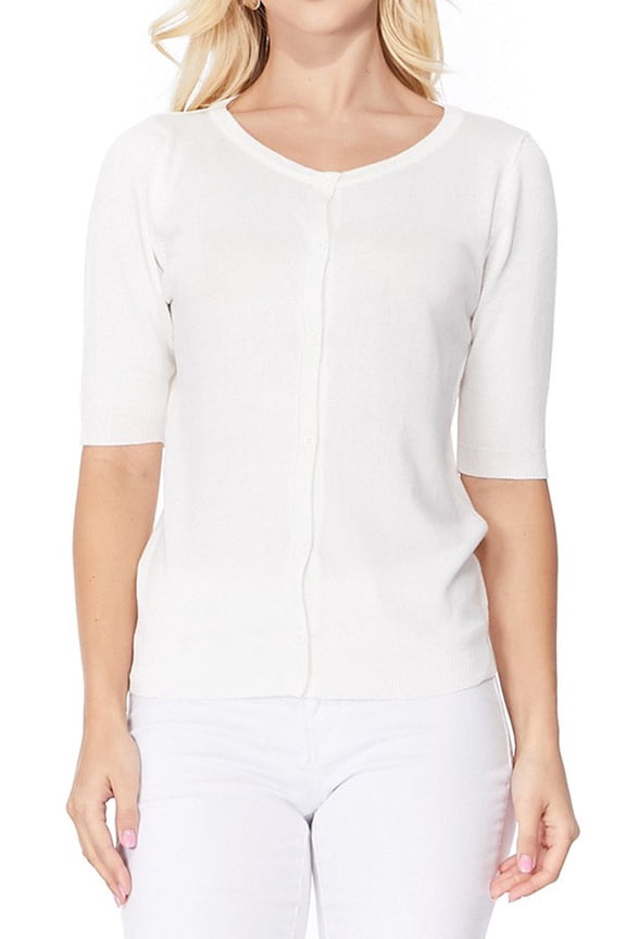 Women's Short Sleeve Crewneck Button Down Casual Soft Cardigan Sweater MK3467-IVR-XL