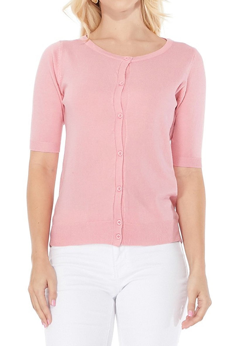 YEMAK Women's Long Sleeve Button Down Cardigan Sweater - Soft Crewneck, Magenta Color - View #2