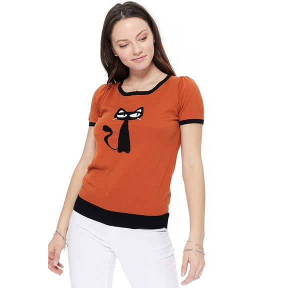 YEMAK Women's Short Sleeve Crewneck Cat Print Casual T-Shirt Sweater MK32004CAT-DUSTY ORANGE/BLACK-M