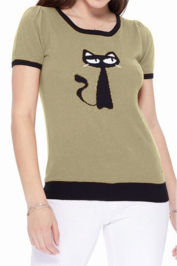 Women's Short Sleeve Crewneck Cat Print Casual T-Shirt Sweater MK32004CAT-OLIVE/BLACK-M