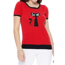 YEMAK Women's Short Sleeve Crewneck Cat Print Casual T-Shirt Sweater MK32004CAT-RED/BLACK-S
